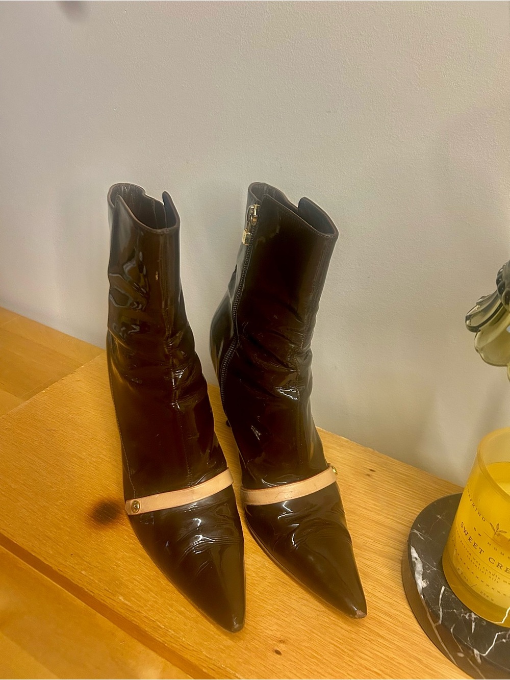Louis Vuitton Black Patent Pointed-Toe Ankle Boots with Beige Strap